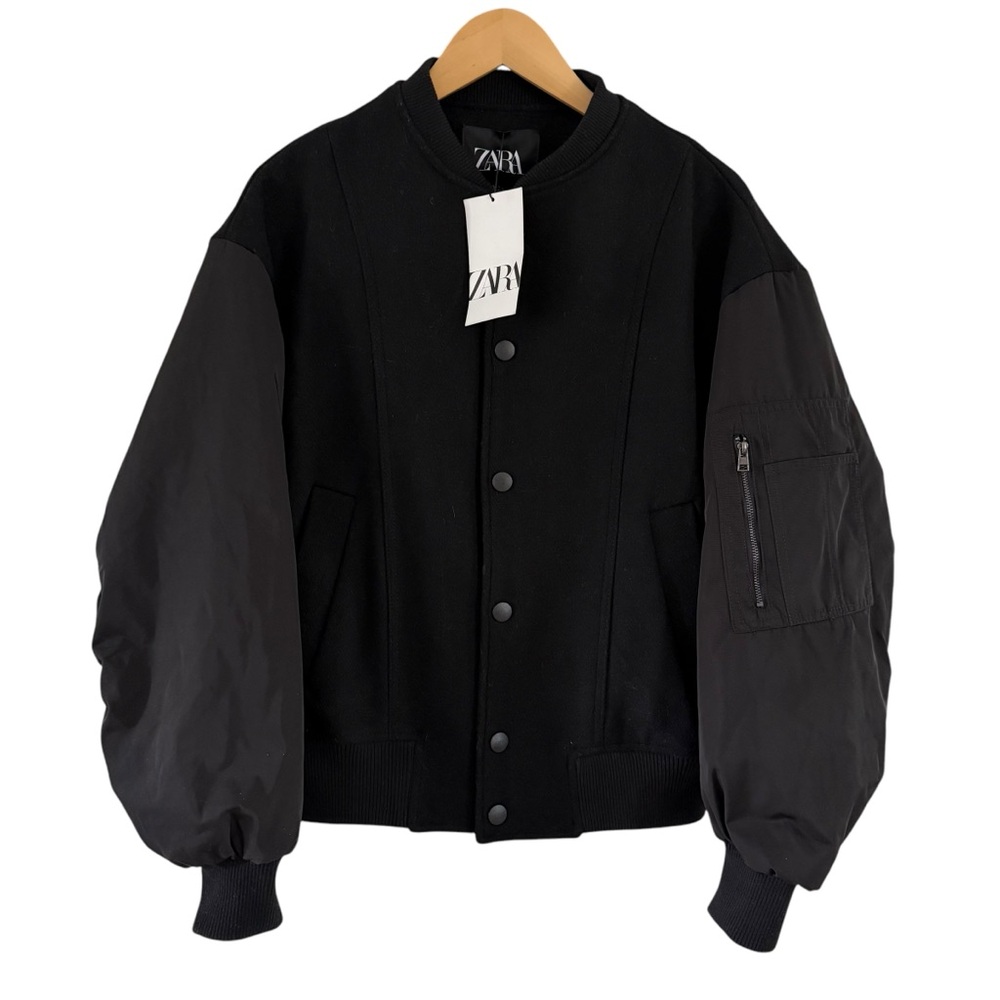 Zara Bomber Jacket Black Wool Blend Snap Front Lined NEW Men’s Size Small
